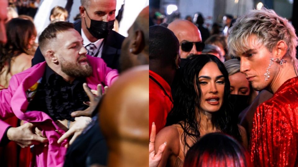 Conor McGregor en medio de su pelea con Machine Gun Kelly, Megan Fox en medio trata de calmar la situación. Foto: EFE/EPA/Jason Szenes