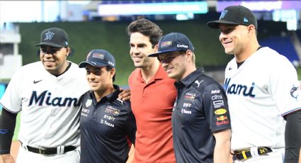 Checo y Verstappen lanzan la primera bola en partido de los Marlines