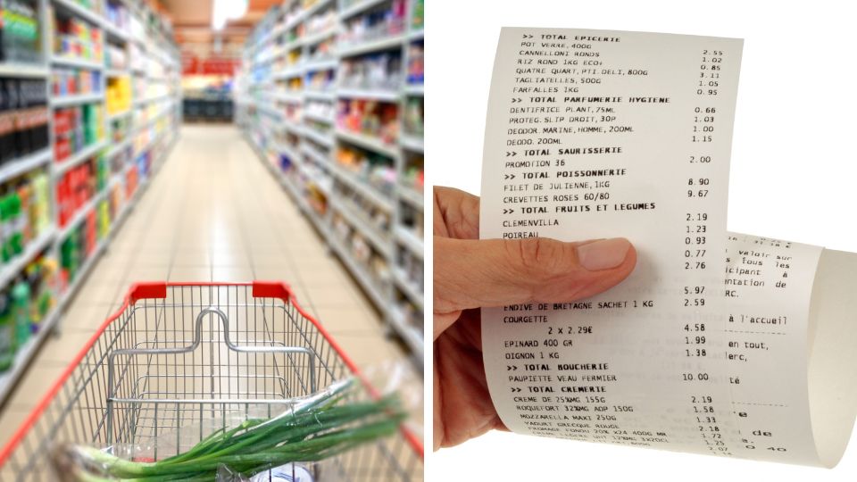 Persona en el supermercado y ticket de compra.