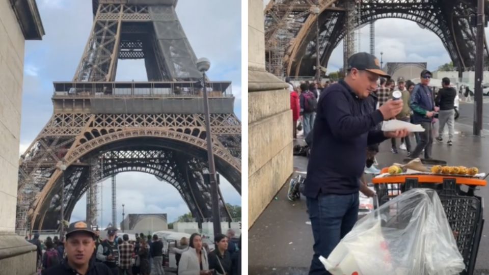 Hombre vende elotes desde la Torre Eiffel.