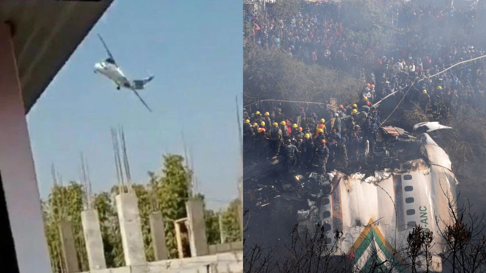 Momento en el que el avión estaba cayendo y elementos de rescate en el lugar. Foto: Especial