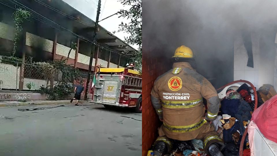 Bomberos sofocando incendio en la escuela.