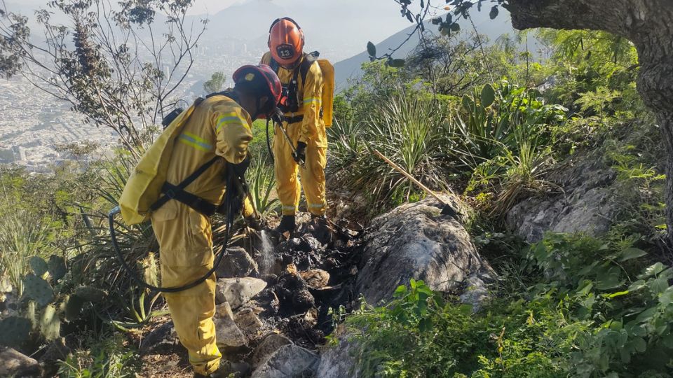 Personal de protección civil sofocando incendio en el cerro de las mitras.