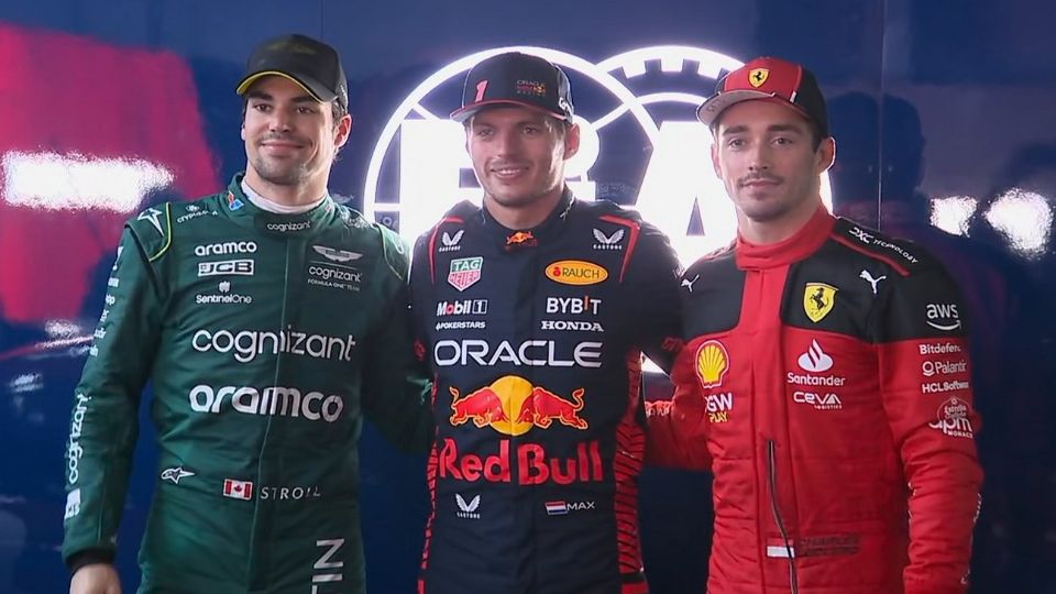 Max Verstappen junto a Lance Stroll (izq.) y Charles Leclerc (der.), los tres mejores en la qualy del Gran Premio de Brasil