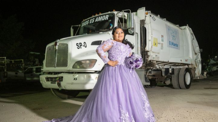 Quinceañera se toma fotos en camión de basura para honrar a su papá en Tamaulipas