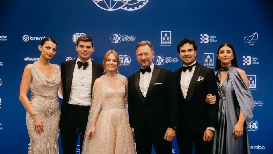 Max Verstappen, Christian Horner y Sergio Pérez con sus respectivas parejas en la Gala de la FIA.