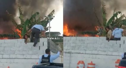 Policía de Monterrey arriesga su vida y salva a mujer en incendio de Barrio Antiguo