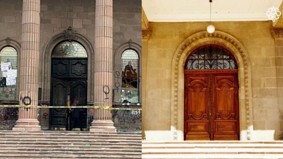 Puerta dañada de Palacio de Gobierno (izquierda) y puerta restaurada (derecha).