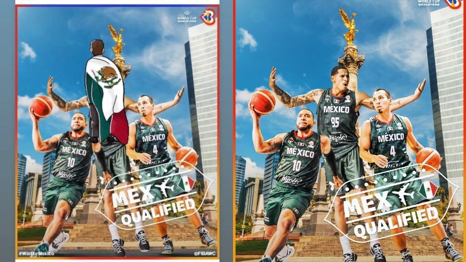 Comparativa de la imagen original y la publicada por Gustavo Ayón en su festejo por la clasificación al mundial de basquetbol