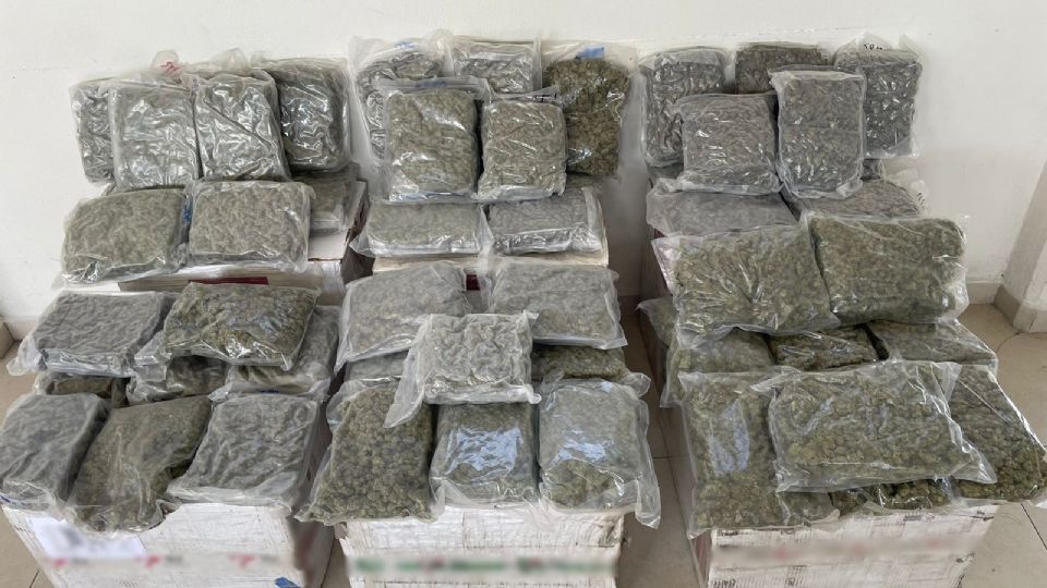 Los 54 paquetes de mariguana encontradas dentro de las seis cajas de cartón. Foto: Guardia Nacional