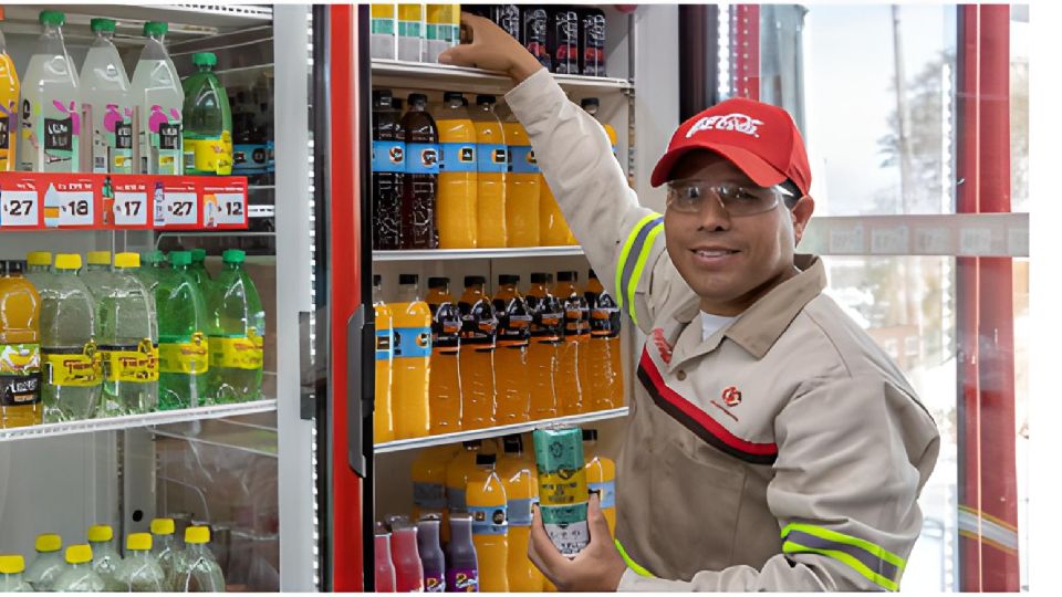 Trabajador de Coca-Cola repartiendo productos en una tienda de México