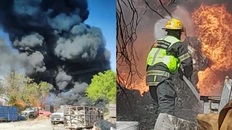 Incendio de almacén de tráileres al poniente de Monterrey.