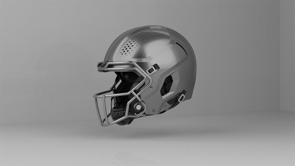 Muestra del casco especial para quarterbacks, aprobado por la NFL, para reducir el riesgo de lesiones cerebrales y conmociones