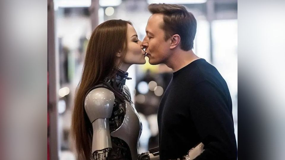 Hacen viral foto de Elon Musk besando a un robot | Twitter / @Classic06771315