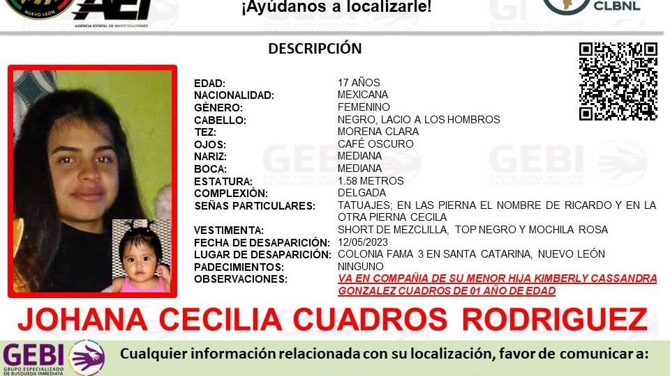 Johana Cecilia Cuadros Rodríguez y su hija, Kimberly, de un año de edad, fueron vistas por última vez el pasado 12 de mayo de 2023.