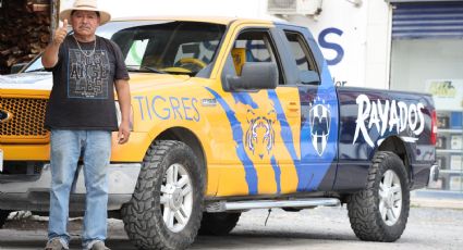 Don Julián transforma su camioneta que combina los colores de Tigres y Rayados