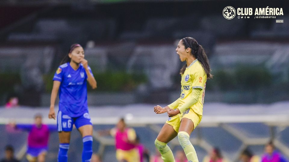 Alison González festeja su gol ante Tigres Femenil en la Semifinal de Ida del Clausura 2023