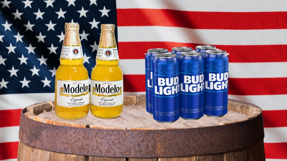 Cerveza Modelo Especial y Bud Light con bandera de Estados Unidos