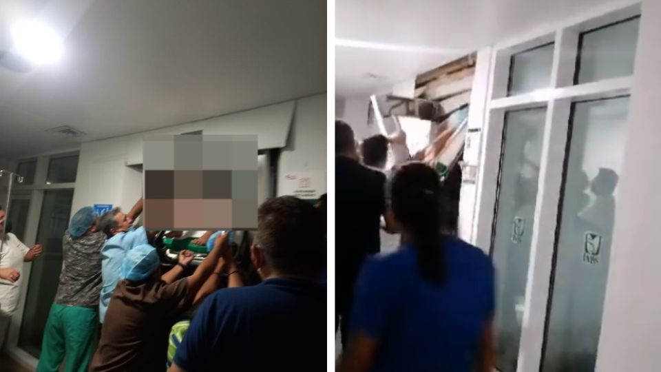 Momento en que personal del IMSS de Quintana Roo intenta sacar a una niña que quedó prensada en un elevador