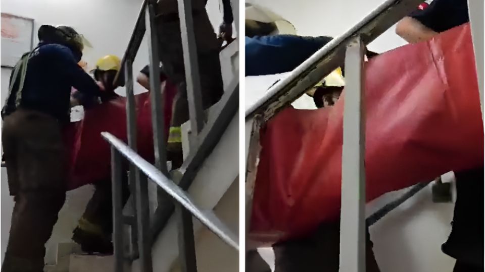 Bomberos trasladan a paciente por las escaleras ante falla de elevador en ISSSTE de Sonora