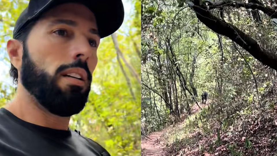 Poncho de Nigris durante el avistamiento de un oso en una montaña.