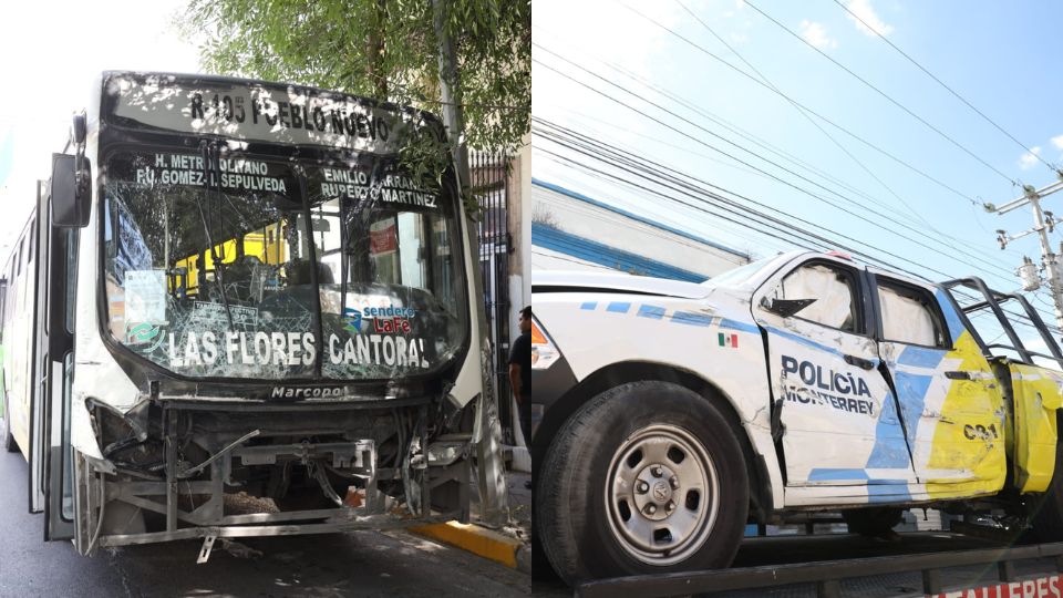 Así quedó la unidad de la ruta 105 Pueblo Nuevo y la patrulla de la policía de Monterrey tras el choque.