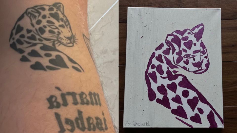 Tatuaje de un jaguar de corazones.