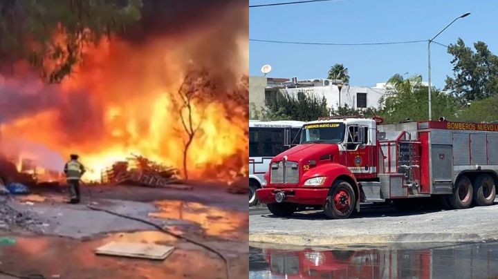 Se incendian tejabanes en Escobedo; unidad de Bomberos choca contra semáforo en trayecto
