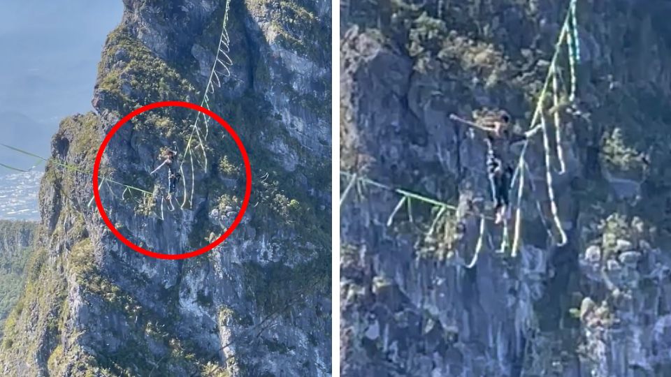 Cruza sobre 'cuerda floja' entre los picos del Cerro de la Silla