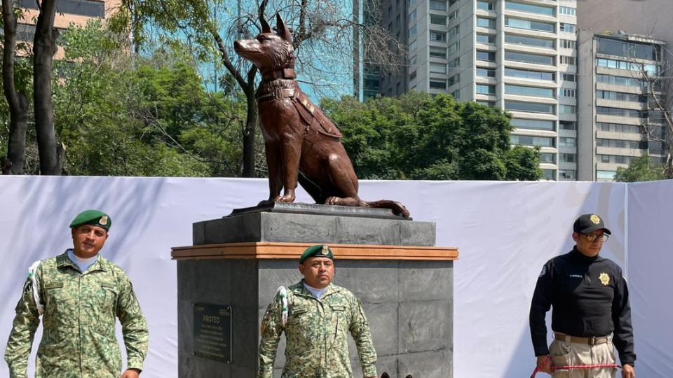 Develan estatua de Proteo, perrito rescatista