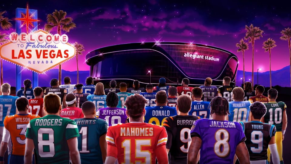 Fotografía ilustrativa de la NFL mostrando a grandes estrellas de espalada, viendo al Allegiant Stadium, que será la sede el Super Bowl