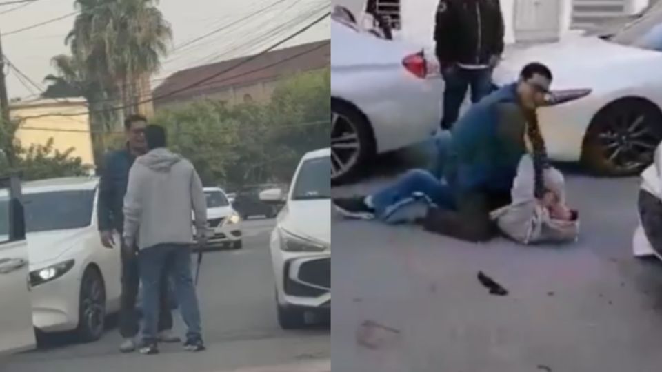 Momento de la pelea entre automovilistas, en la colonia Mitras Centro.