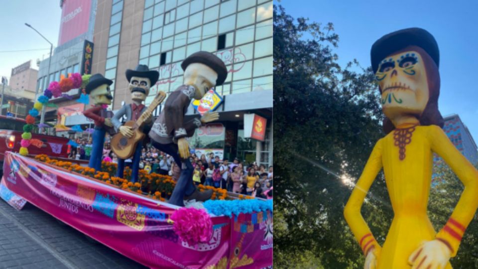 Algunos de los carros alegóricos en el desfile de calaveras en el centro de Monterrey.