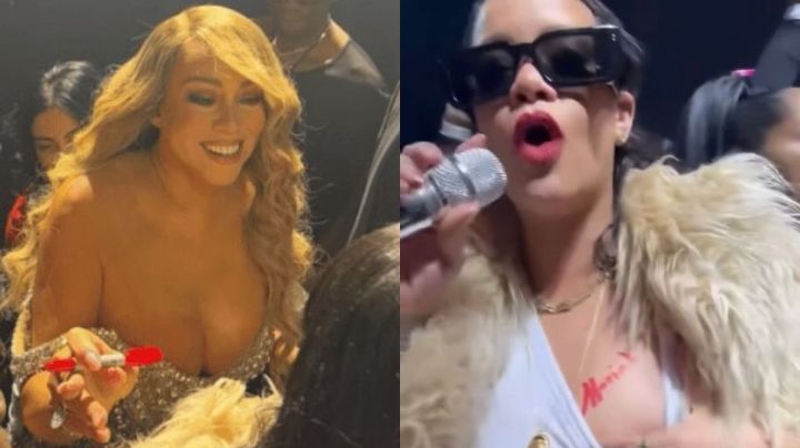 Video: Mariah Carey le firma el pecho a Rihanna durante un concierto navideño