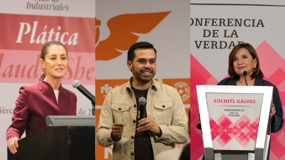 Claudia Sheinbaum, coalición “Sigamos Haciendo Historia” (izq); Jorge Álvarez Máynez, Movimiento Ciudadano (centro); Xóchitl Gálvez, coalición “Fuerza y Corazón por México” (der).