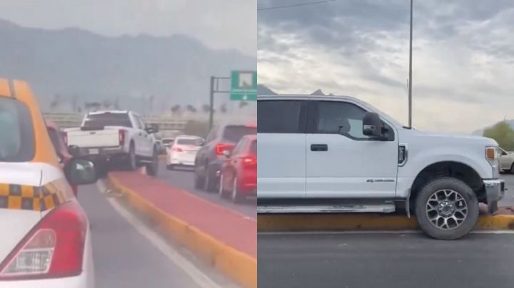 Video: Conductor intenta saltar camellón y queda atascado en avenida de Monterrey