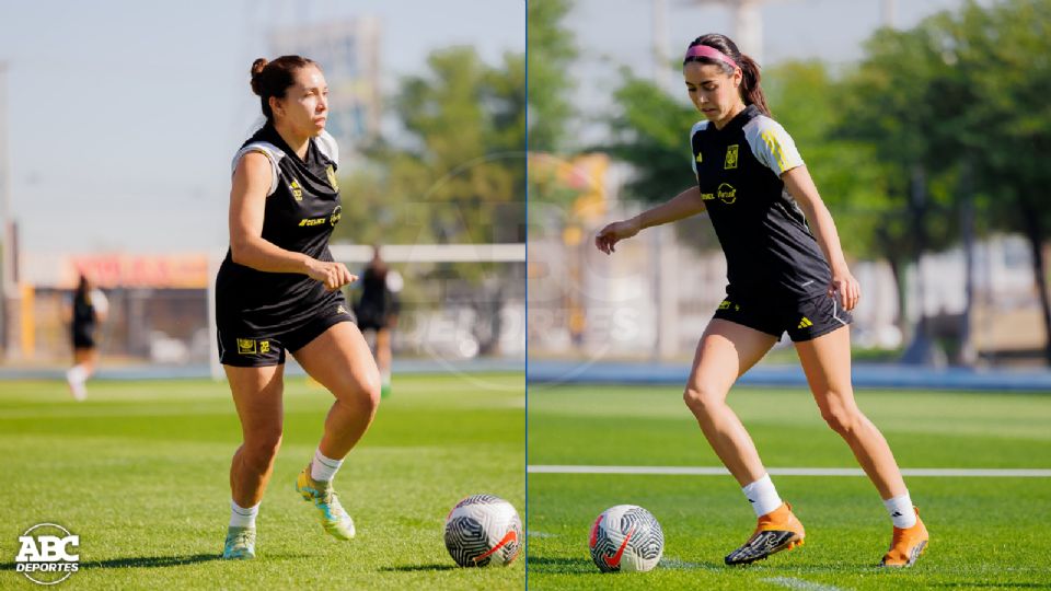 Greta Espinoza y Anika Rodríguez durante un entrenamiento con Tigres Femenil