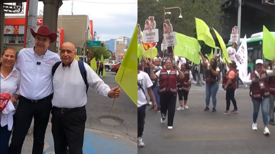 Los candidatos al Senado Waldo Fernández y Judith Díaz en el centro de Monterrey.