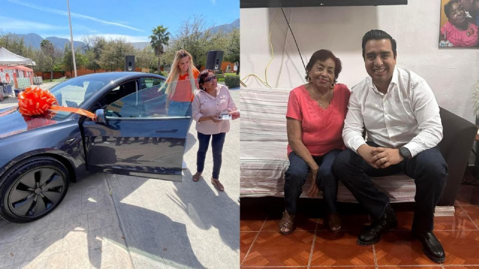 Patricia Ruiz, viuda de Pedro Torres y ganadora de un automóvil Tesla mediante una rifa por pronto pago del impuesto predial en el municipio de Santa Catarina (izq); Jesús Nava Rivera, alcalde con licencia de Santa Catarina y candidato a reelección (der).