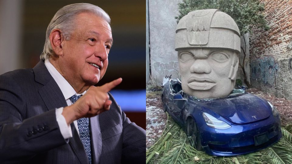 AMLO aprueba mensaje de Tesla siendo aplastado por cabeza Olmeca