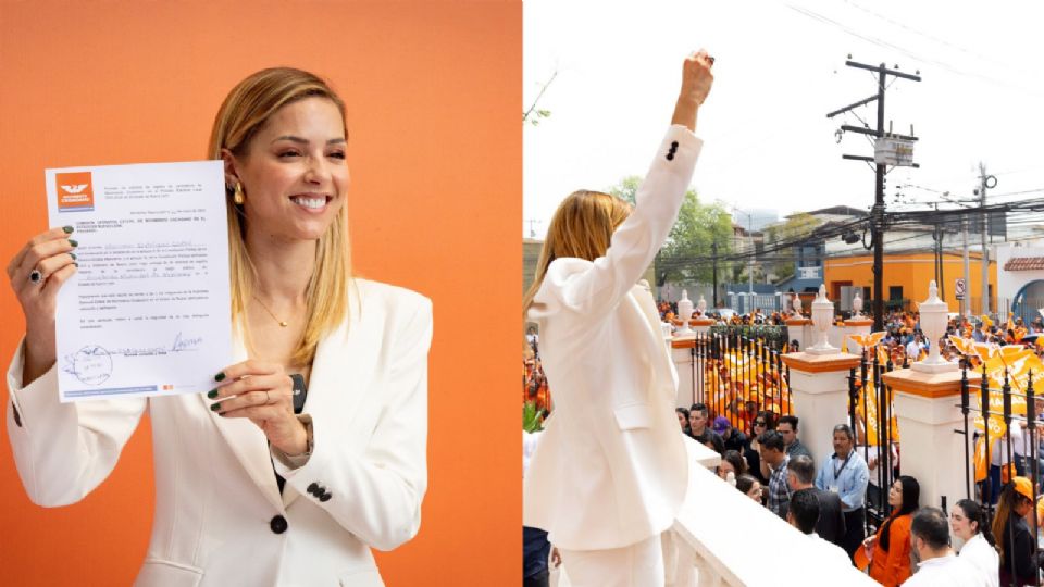 Mariana Rodríguez durante su registro en Movimiento Ciudadano para contender por la alcaldía de Monterrey.