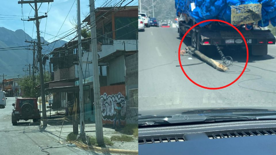 Momento en que el tráiler ocasionó daños en un poste de luz sobre la avenida Aztlán.