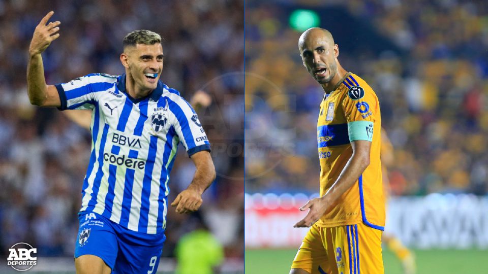 Germán Berterame, jugador de Rayados, frente a Guido Pizarro, capitán de Tigres.