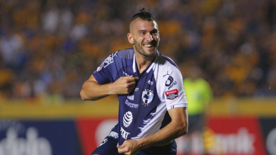 Nicolas Sanchez del Monterrey en festejo después de anotar durante el juego de ida de la Final del Torneo de Campeones CONCACAF 2019