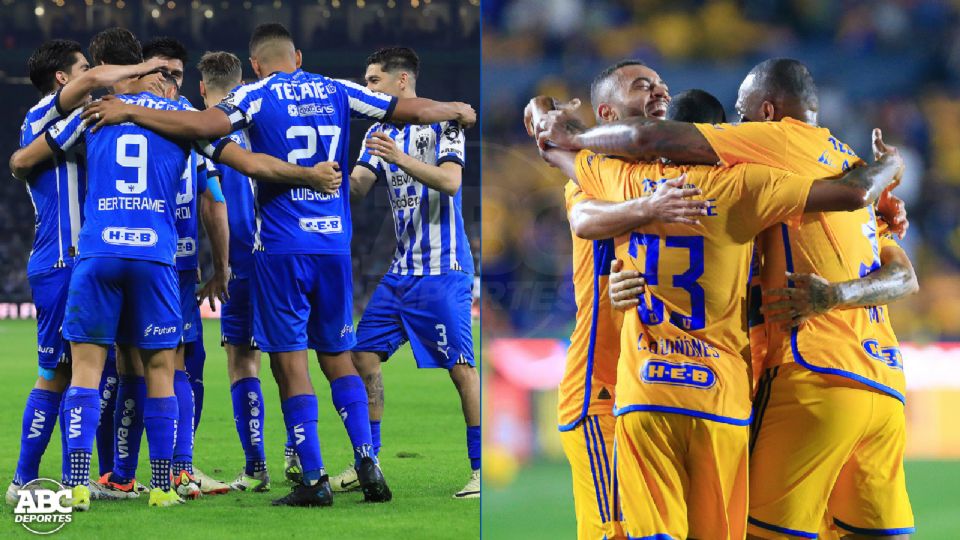 Los jugadores de Rayados y los Jugadores de Tigres celebran sus respectivas anotaciones durante el Clausura 2024