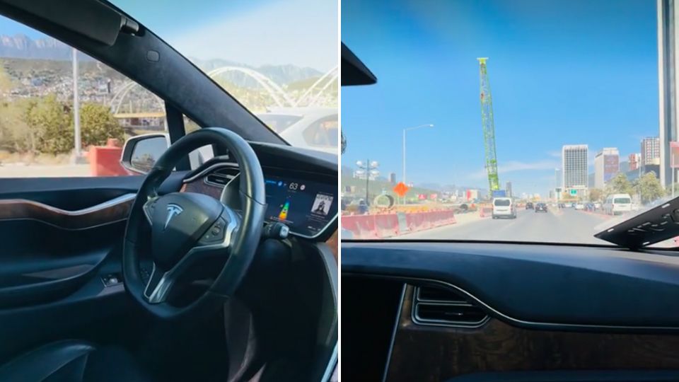 Joven pasea con su Tesla conduciéndose solo