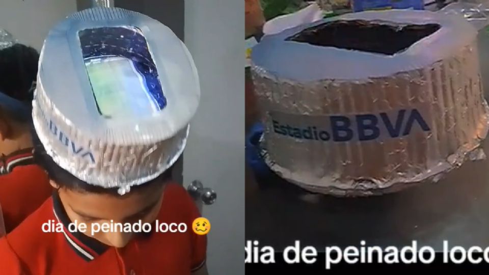 Niño rayado se lleva gorro con la forma del estadio BBVA a su escuela.