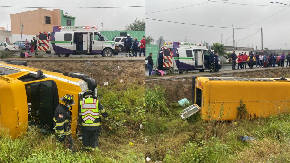 Vuelca unidad de transporte escolar en García.