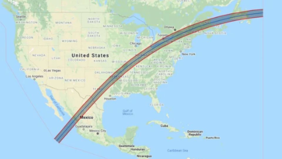 Trayectoria de la proyección del eclipse total solar 2024.