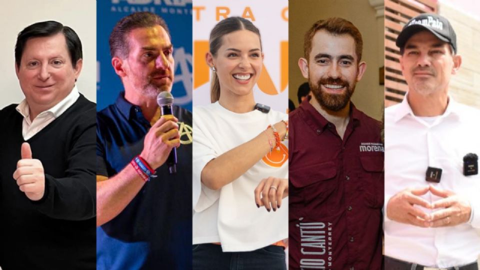 Adalberto Madero, Adrián de la Garza, Mariana Rodríguez, Mauricio Cantú y Patricio 'Pato' Zambrano, candidatos a la alcaldía de Monterrey 2024. Créditos: Especial.